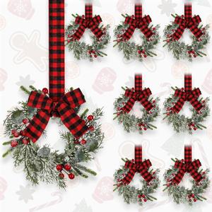 Hoteam 8 Pcs Mini 9 Inch Mini Christmas Cabinet Wreath with Frosted Cedar, Red Berry and Red and Black Check Bows Norfolk Pine Needle Artificial Kitchen Winter Xmas Home Decor Rustic Holiday Garland