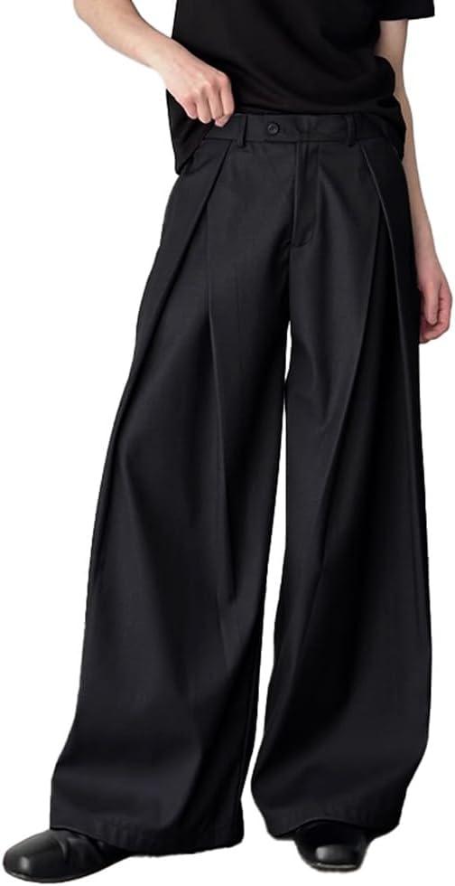 THWEI Men's Baggy Wide Leg Pants Zipper Fly Pleated Trousers Casual Dress Pants with Pocket (Black, XL)