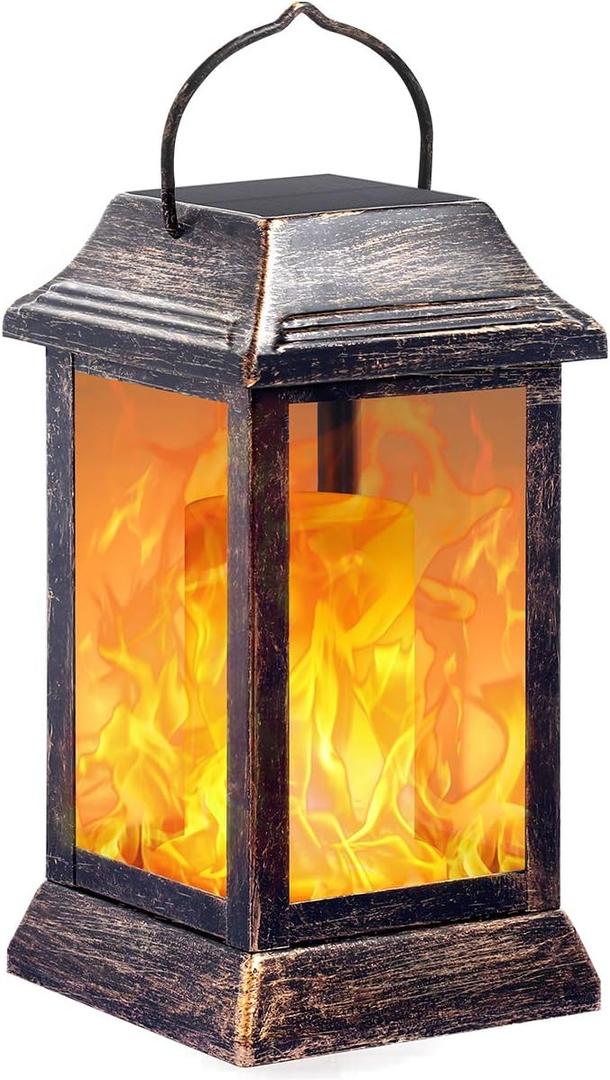TomCare Solar Lights Metal Flickering Flame Solar Lantern Outdoor Hanging Lanterns Lighting Heavy Duty Solar Powered Waterproof Umbrella LED Flame Lights for Garden Patio Pathway Deck Yard, Bronze
