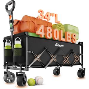 Extra Long Collapsible Wagon Cart, 480LBS Heavy Duty Utility Wagons with All-Terrain Wheels, Foldable Grocery Carts for Gardening, Shopping, Beach, Camping, Black (Ebony)
