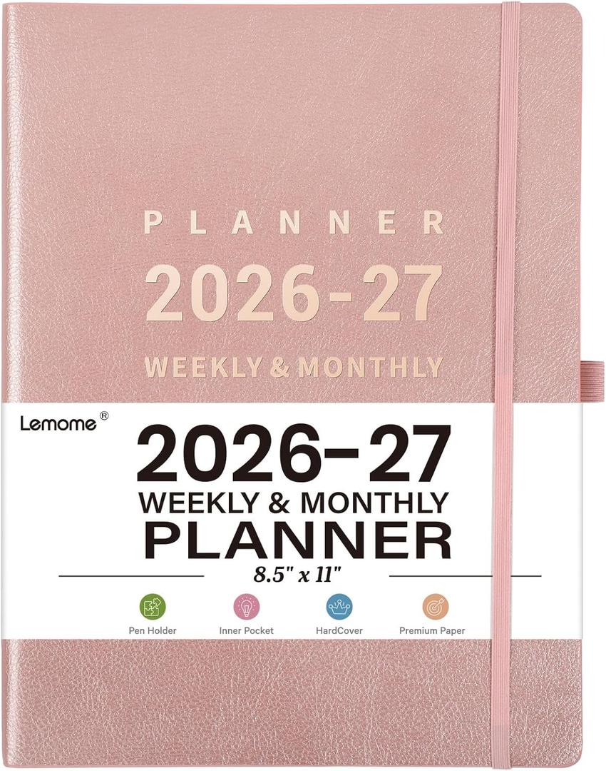Planner 2026-2027 - Jul 2026 - Jun 2027, 8.5" x 11" 2026-2027 Planner Weekly and Monthly, Faux Leather Cover, Pen Holder, Pocket, 25 Notes Pages, A4 Premium Paper - Pink