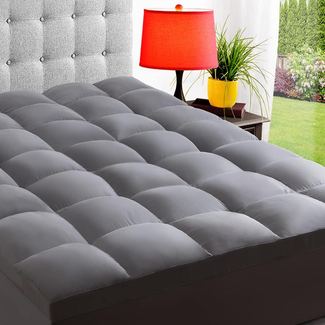 ELEMUSE Queen Grey Mattress Topper for Back Pain, Extra Thick Mattress Pad Cover, Plush Soft Pillowtop with Elastic Deep Pocket, Overfilled Down Alternative Filling