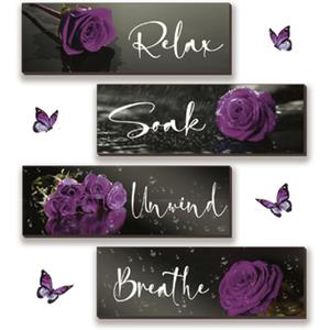 4 Pieces Purple Bathroom Wall Decor Rose Wall Decor Wooden Bathroom Accessories with Relax Soak Unwind Breathe Art For Girl Women Bedroom Living Room Home (Purple 12 X 4 Inch)
