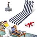 Outdoor Chaise Lounge Cushion, Waterproof Lounge Chair Cushions, 3 in High-Density Sponge Patio Furniture Chaise Replacement Cushions with Headres for Lawn Pool (Navy Blue White Stripes, 1PCS)