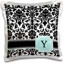 3D Rose Letter Y Monogrammed Mint Blue Damask Pattern-Classy Personalized Initial Design Pillowcase, 16" x 16", Black/White