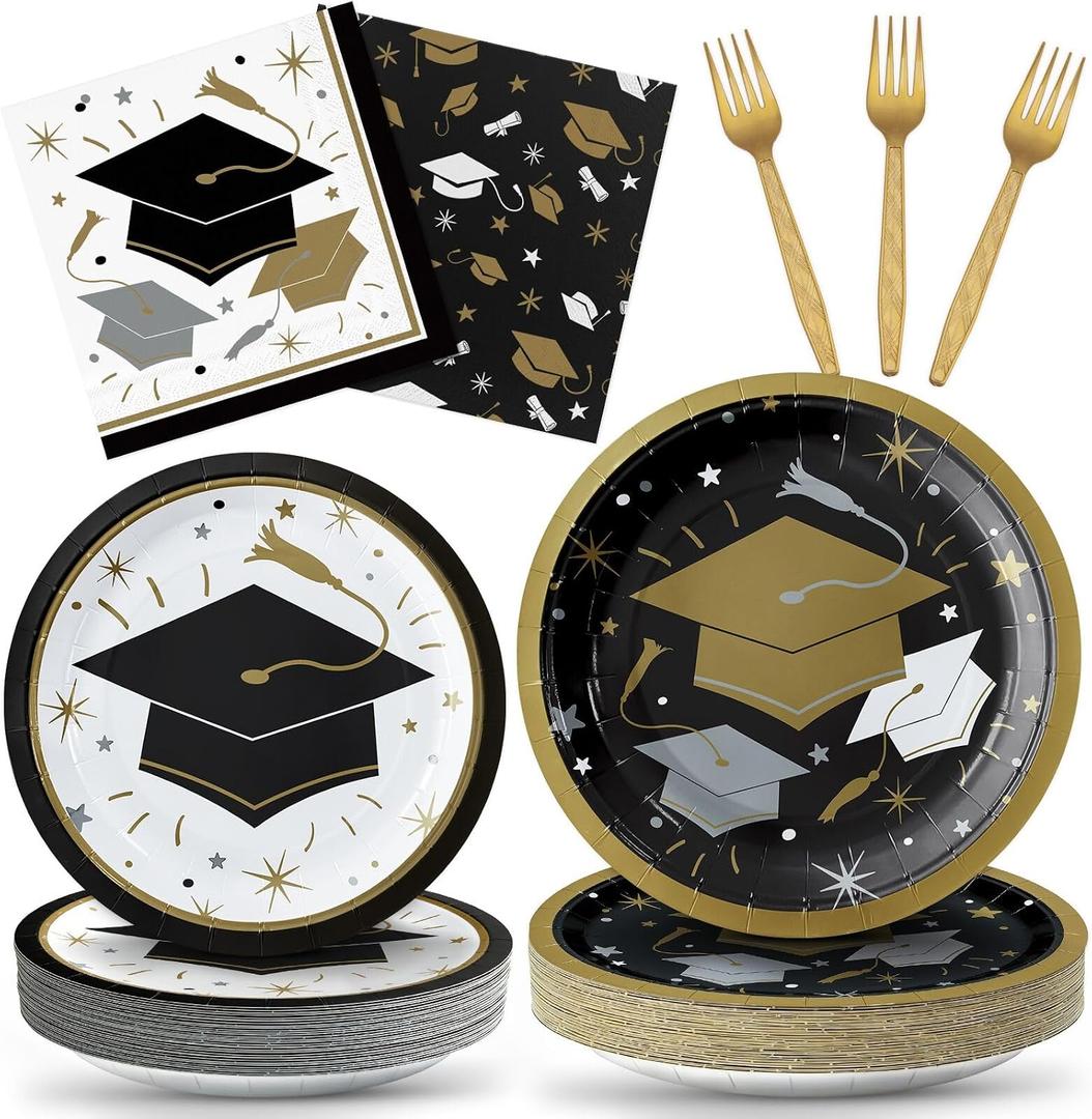 YY 200 Graduation Party Paper Plates Napkins Forks Dinnerware Set Disposable Class of 2026 for Congrats Grad Serve 50