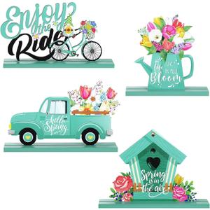 Blulu 4 Pcs Hello Spring Table Decorations Spring Easter Table Centerpieces Hello Sunshine Wooden Signs Decorations for Home Wooden Party Ornament Farmhouse Easter Rustic(Fresh Style)