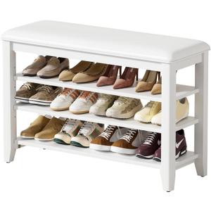 Entryway Shoe Storage Bench with Leather Cushion, Shoe Organizer Bench for Entryway, Ideal for Hallways Front Doors Entrances Mudrooms Featuring Rubberwood And 3 Height-Adjustable & Removable Shelve, White