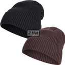 2 Pack Fleece Lined Slouchy Stocking Winter Warm Beanie Men Women Soft Knit Thermal Cuffed Skull Cap Plain Hat (Medium-Large, 2p--coffee-black)