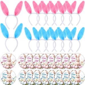 Wavwavw 48 Pcs Easter Gender Reveal Party Supplies Blue and Pink Bunny Ears Headbands Team Button Pins Bunny Party Favors Gender Reveal Ideas Games Supplies