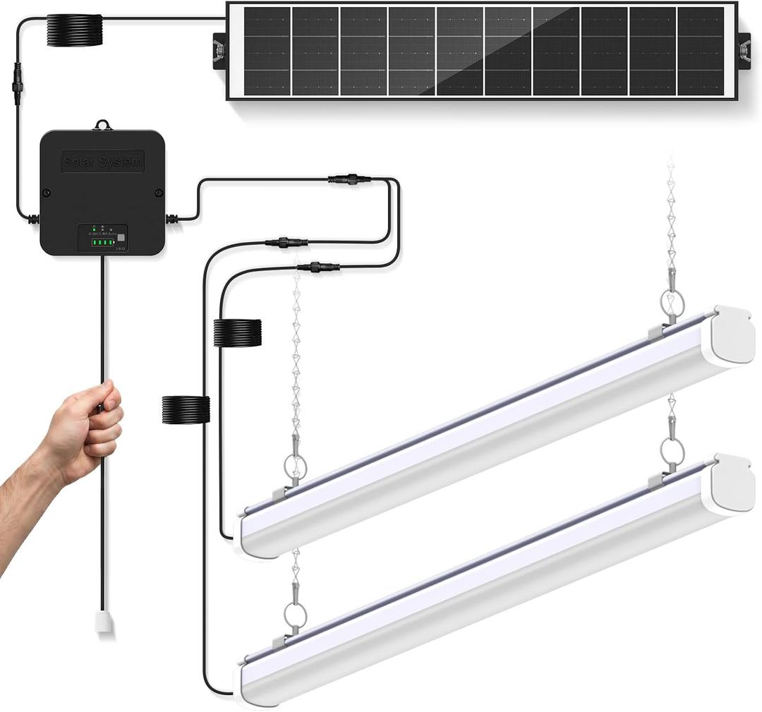 Solar Shed Shop Light with Pull Cord, 1500LM, Cool White Dual LED Bars
12Ah Battery, Dusk-to-Dawn Lighting, IP65 Waterproof, Split Solar Panel Design for Barn, Garage, Workshop & Chicken Coop