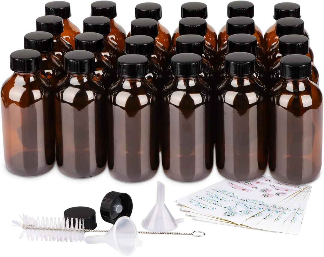 24 Pack 4 oz Amber Glass Bottles, 120ml Boston Round Sample Bottles with Black Poly Cone Caps, Labels, Funnels and Brush