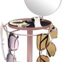 360 Rotating Sunglasses Organizer With Mirror, Metal Glasses Holder Stand, Sunglass Storage Display Eyewear Eyeglasses Rack with Tray for Desk Nightstand Dresser Table Countertop Bedroom, Rose Gold