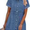 GRAPENT Denim Dress for Women Babydoll Tiered Short Sleeve Button Down Jean Shirt Dresses (Large)