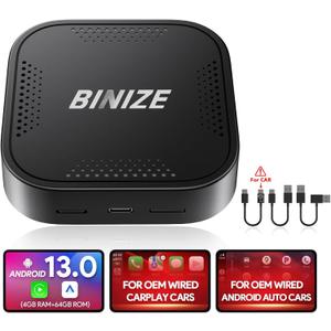 Binize Wireless CarPlay Android AUTO Multimedia Video Box 4G Cellular,4GB+64GB,8Core,Android 13 Built-in Navigation Support SIM&TF Card Bluetooth Support Car with OEM Wired CarPlay/Android Auto
