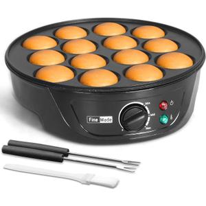 Non Stick Pancakes Maker Machine, Electric Poffertjes Pan with Browning Control, Mini Ebelskiver Aebleskiver Pan, Dutch Pancake Maker, with Brush & Forks, 14 Slots, Black