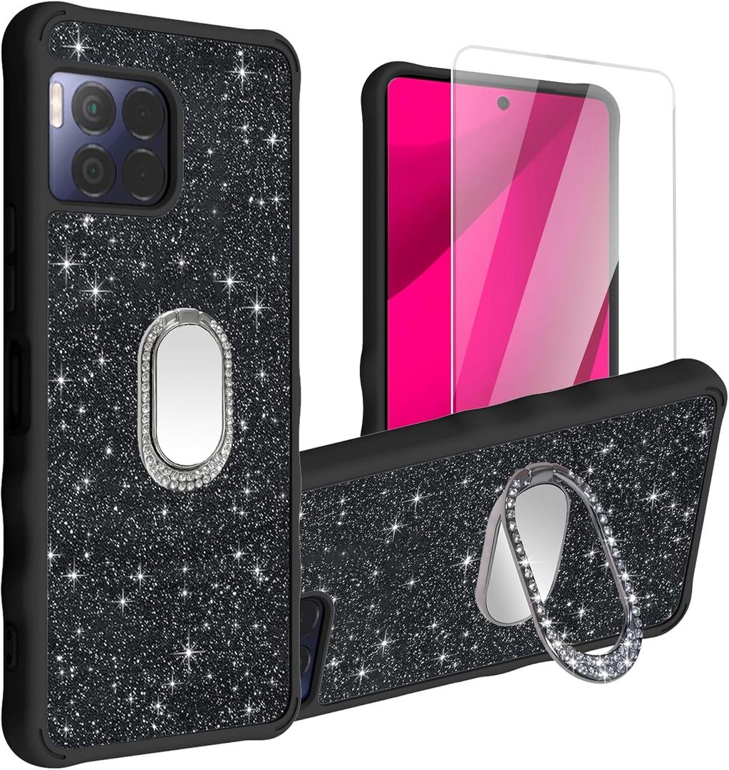 Generic for T-Mobile Revvl 7 Pro 5G Case [with Tempered Glass Screen Protector][Mirror Ring][Glitter powder] Compatible with T-Mobile Revvl 7 Pro 5G leather Phone Case Cover SF-H, CSK-Black