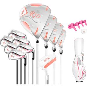 PGM Rio Ladies Womens Complete Right Handed Golf Clubs Set Includes Titanium Driver, S.S. Fairway, S.S. Hybrid, S.S. 6-9, PW/SW Irons, Putter, Stand Bag, 5 Headcover LTG038, Standard Ladies