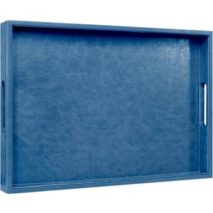 LNFUMS 20 x 14 inches Leather Rectangle Serving Tray with Hole Handles,High-End Light Large Service Tray for Ottoman Tray, Tea, Food, Butler - Countertop, Kitchen,Family Dinner, Picnic (Blue)