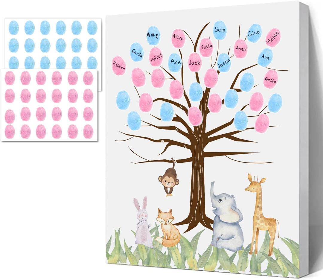 Sirjiera Baby Shower Guest Book Fingerprint Tree Canvas, Baby Gender Reveal Guest Book, Animal Theme Baby Canvas Painting, Baby Shower Creative Game Decorations Keepsake (Monkey)