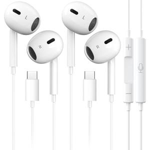 2 Packs USB C Headphones for iPhone 17 16 Earbuds with Mic & Volume Control HiFi Stereo Type C Earphones for iPhone 17 16 15 Pro Max, for Galaxy S23/S22/S21/S20/Ultra Note 10/20, for Pixel 7/6/6a/5/4 (White)