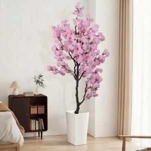 Artificial Pink Cherry Blossom Tree 7ft(84in) Tall Fake Silk Leaves Indoor Decor Handmade Lifelike Sakura Tree for Wedding Realistic Cherry Plant in Pot for Home Living Room,Office,Outdoor Decor
