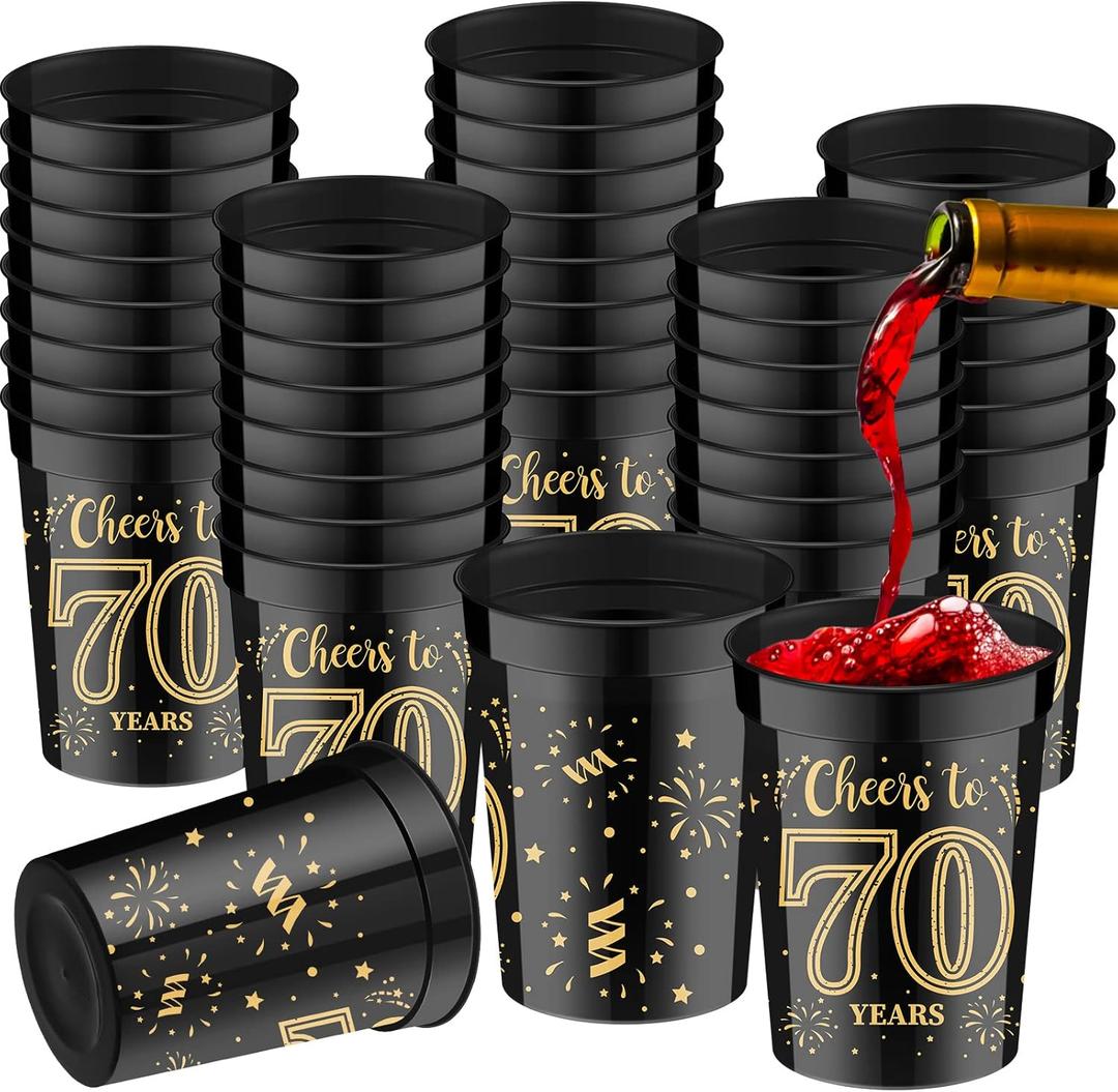Cunhill 40 Pack 70th Birthday Cups Cheers to 70 Years Birthday Party Cups Gold and Black Plastic Stadium Cups for Decorations Party Favors Men Women Wedding Anniversary Supplies(70th, 8 oz)