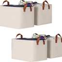 KEEGH Storage Baskets for Organizing, Fabric Storage Bins for Shelves with Leather Handle, Shelf Baskets for Closet Organization Closet Organizer Bins for Clothes, 15" L x 11" W x 10" H, Beige, 4 Pack