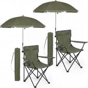 2 Pack Beach Umbrella Chairs Folding Camping Portable Beach Chairs with Canopy Shade Adults with Cup Holder Carrying Bag for Camping Hiking Travel Picnic Outdoor Events(Army Green)