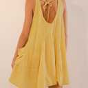 Women Casual Summer Dresses Sleeveless Crew Neck Backless Tunic Mini Dress Loose Flowy Tank Sundress with Pockets (Yellow, L)