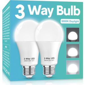 Gonhom 3 Way LED Light Bulbs 50 100 150W Equivalent, Daylight White 5000K 3 Way Light Bulbs, A19 Three Way Light Bulb,E26 Base LED Light Bulb for Reading,Living Room-2 Pack