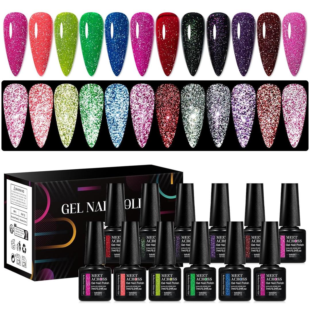 MEET ACROSS 12PCS Reflective Glitter Gel Nail Polish, Holographic Gel Polish Kit, Soak Off UV Nail Gel, Sparkly Glitter Nail Manicure Kit Gift for Beginners DIY (SET-9, 12PCS) (3 Fl Oz (Pack of 1))