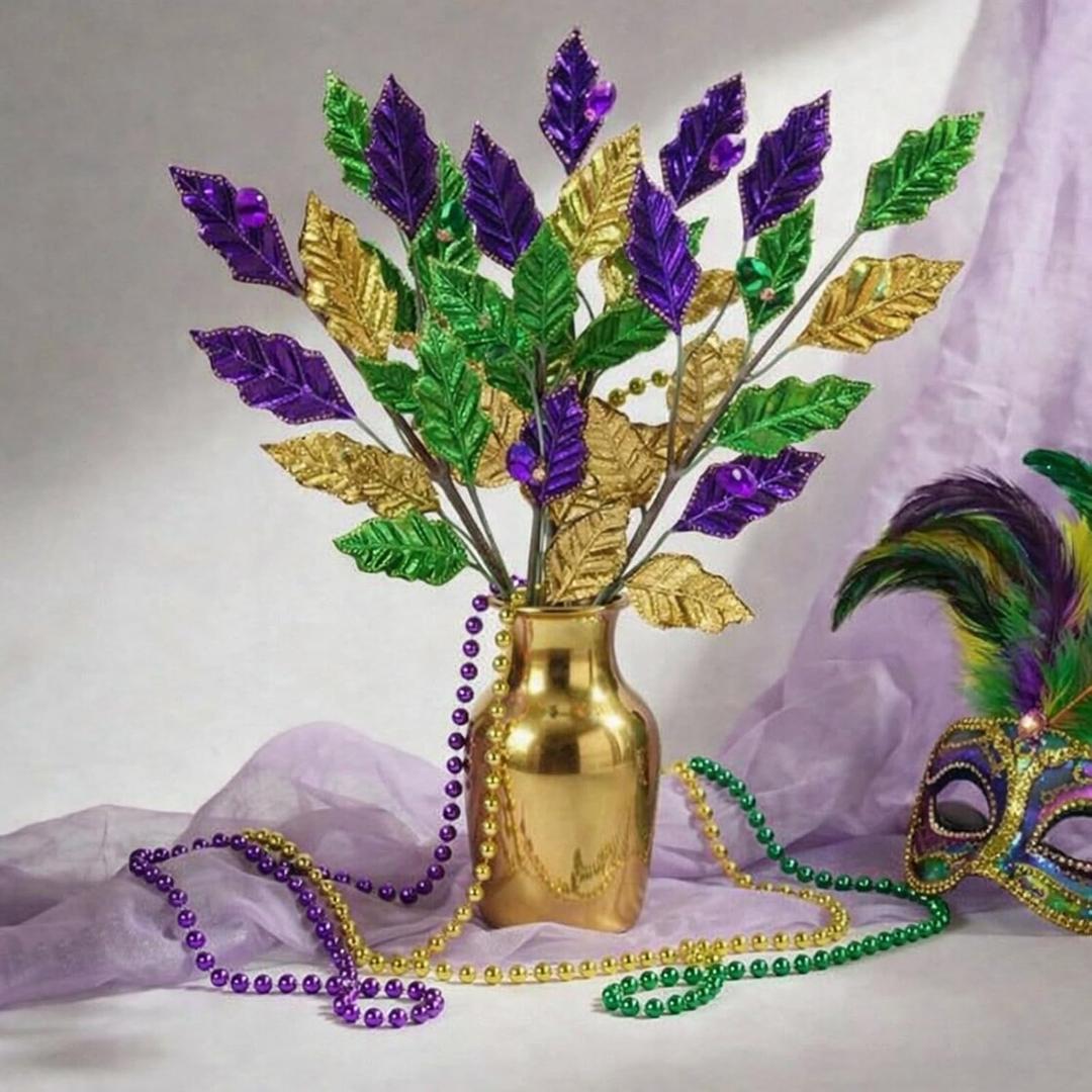 Wavwavw 6 Pcs Mardi Gras Floral Picks and Sprays Decoration Mardi Gras Leaf Branches Vase Filler Purple Yellow Green Tree Wreaths Tree Ornament for Carnival Party Indoor Outdoor Home Decoration