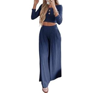 BTFBM Women's Two Piece Lounge Set Long Sleeve Bodycon Ribbed Knit Crop Top Loose Wide Leg Pant Casual Outfits Sweatsuit,  Extra Large