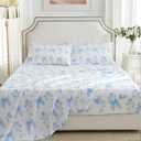 CCoutueChen Blue Bow Sheet Set Queen Garden Floral Fitted Sheet Set for Girls Kids Soft Microfiber Fitted Flat Sheets & Pillowcases Cute Princess Style Bowknot Bedding Sets Toddlers 4 Pieces