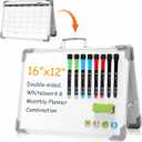 Magnetic Dry Erase Board with Calendar - Small Double Sided Whiteboard on Desktop with Monthly Schedule Planner, Portable Folding White Board on Table Top for Drawing, Teacher Students Classroom