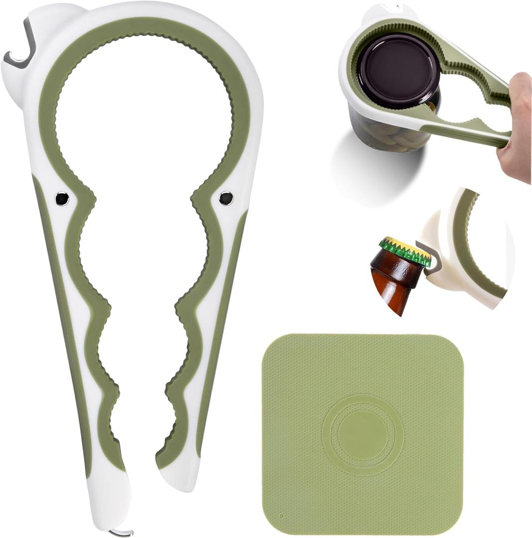 2026 6 in 1 Jar Opener for Weak Hands, Seniors with Arthritis, Large Multi Function Bottle Opener Lid Opener with Non Slip Rubber Jar opener Gripper Pad, Magnetic Suction Saves Space (Green)