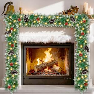 Christmas Garland with Lights 9 FT Artificial Christmas Garland 250 Pieces of Green Rattan Christmas Garland Holiday Artificial Decor for Stairs Wall Door Indoor Outdoor Garland