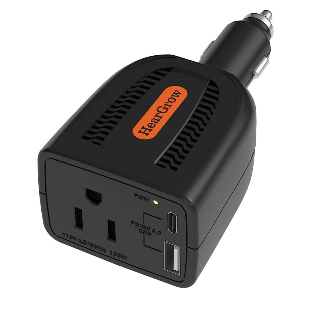 HearGrow100w Car Power Inverter, 12V DC to 110V AC Vehicles Converter with USB PortsPlug Adapter Outlet and Fast Charging PD3.0 Type-C for Phones, Pads, Laptops and Computer Charger