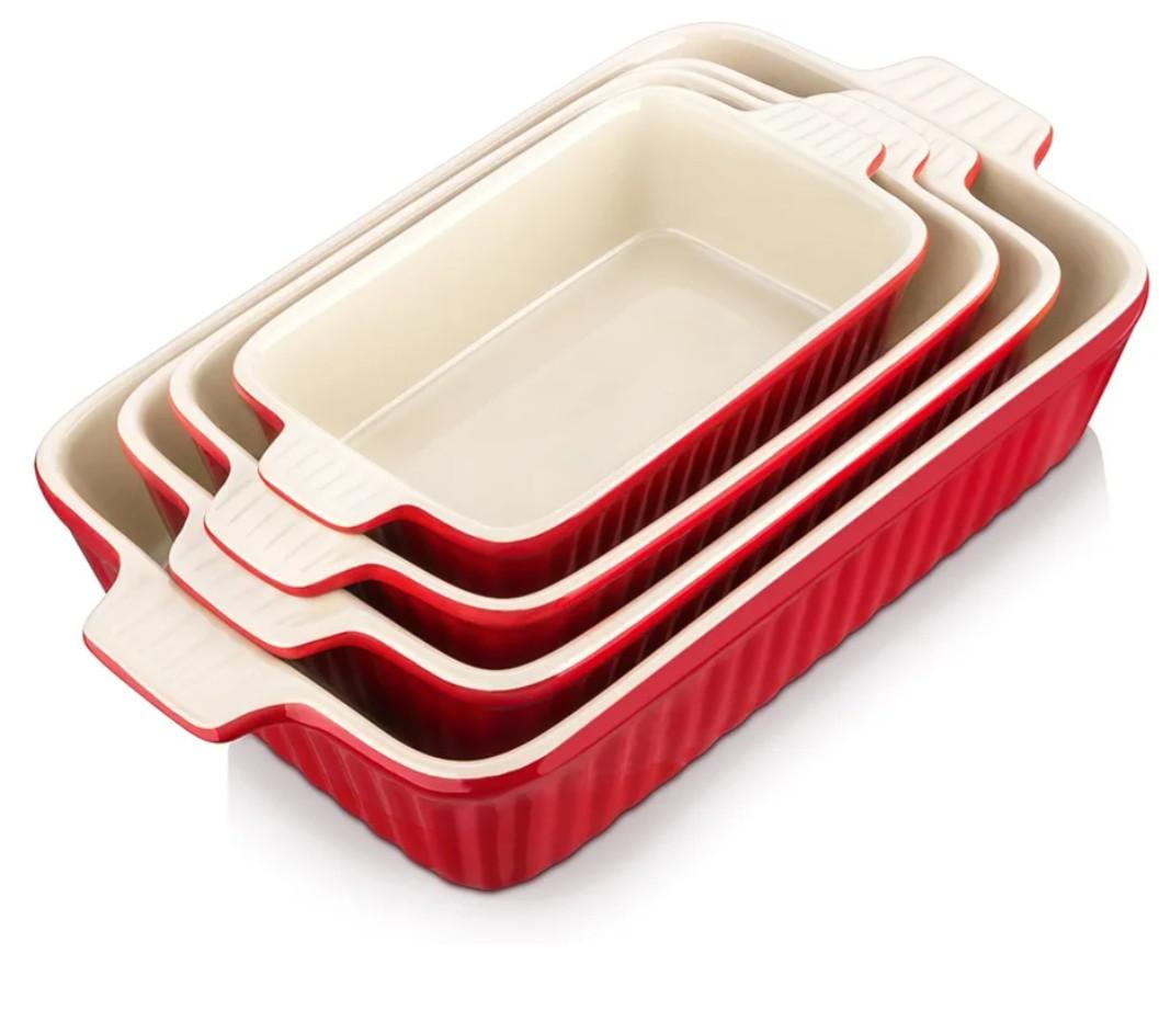 Bakeware Set of 4, MALACASA Porcelain Baking Pans Set for Oven, Casserole Dish, Ceramic Rectangular Baking Dish Lasagna Pans for Cooking Cake Pie Dinner Kitchen, Red (9.5"/11.25"/12.75"/14.5")