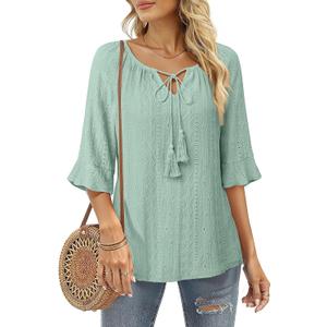 Furnex Women's Casual Ruffle Sleeve Tops V Neck Knit Shirts 2025 Spring Trendy Blouses (Green, XXL)
