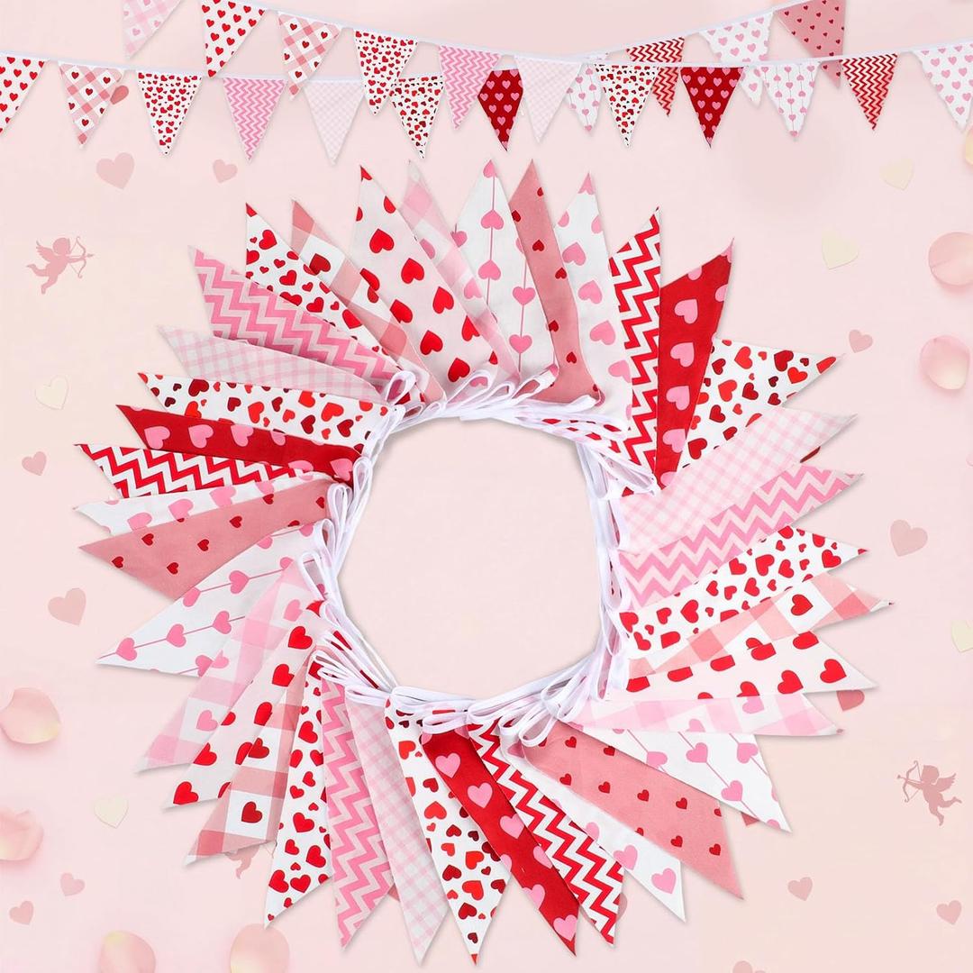 Bememo 33ft Triangle Bunting Banner, Valentine's Day Bunting Cotton Fabric Flags Pennant Garlands for Galentine's Day Birthday Wedding Baby Shower Home Outdoor Garden Decorations