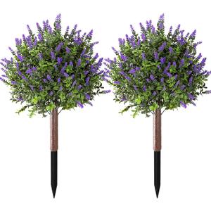 23.6" Artificial Lavender with Boxwood Topiary Ball, 2 Pack UV Resistant Artificial Shrubswith Ground Spikes, Indoor and Outdoor Fake Evergreen Tree for Porch, Garden, Front Door Decoration