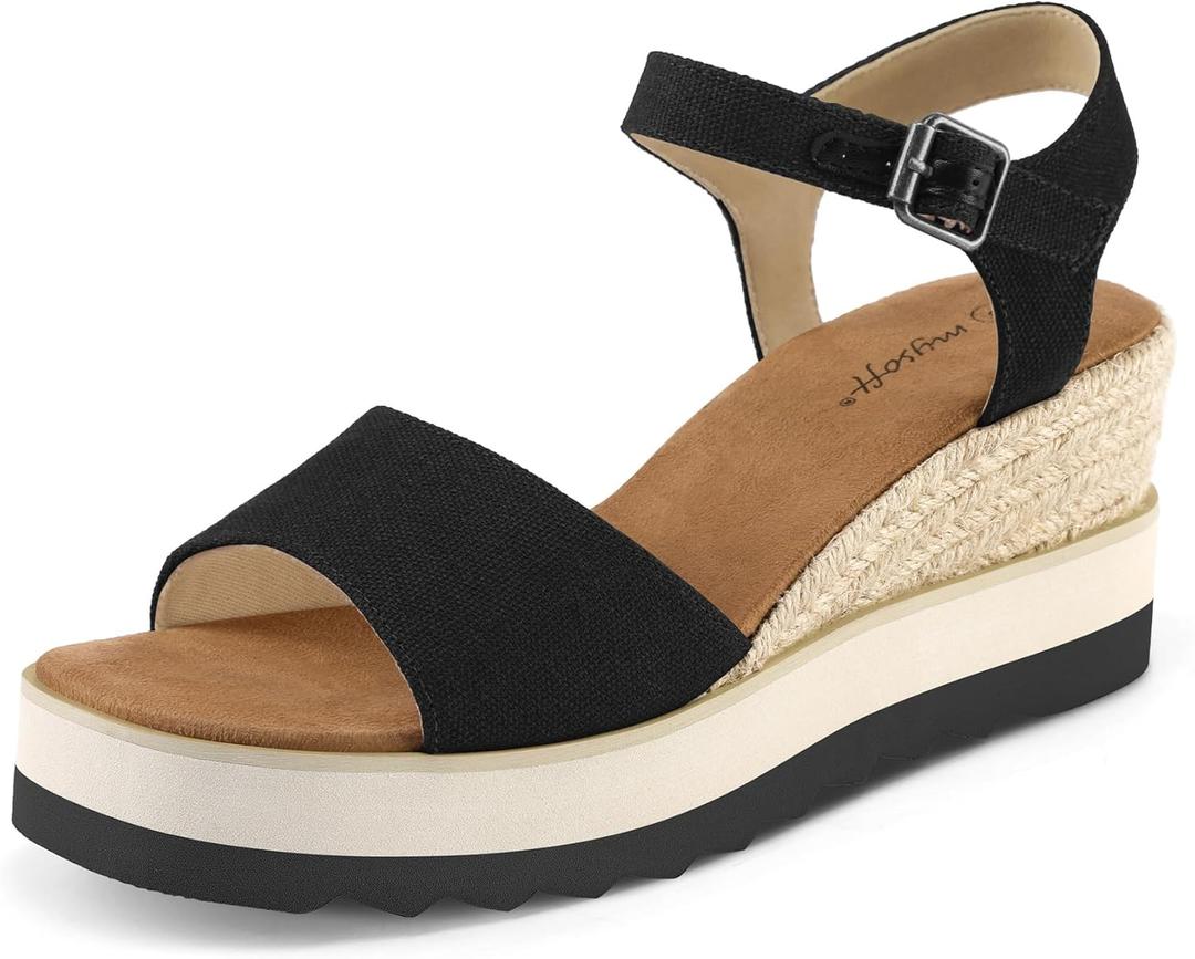 mysoft Womens Espadrille Wedge Sandals EVA Sole Platform Sandal Open Toe Ankle Strap Buckle Shoes (7, Black)
