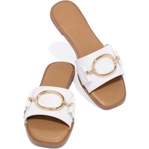 Coutgo Womens Square Toe Dressy Summer Slide Sandals Flat Low Heel Big Metal Chain Slip On Party Slippers Shoes