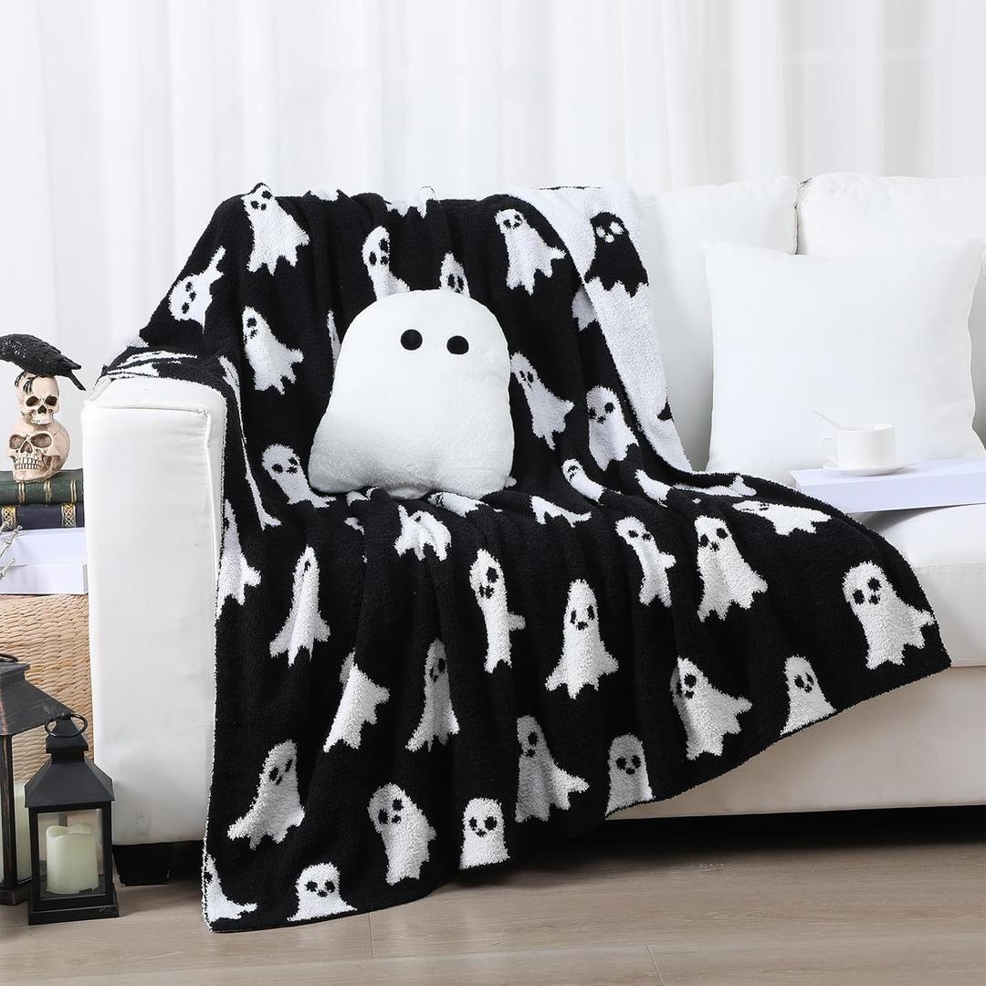 Halloween Ghost Throw Blankets Pillow Set Include Double Sided Spooky Black and White Flannel Throw Blanket 50 x 60 Inch and Cozy Ghost Plush Pillows Cushion for Couch Sofa Bed Decorations