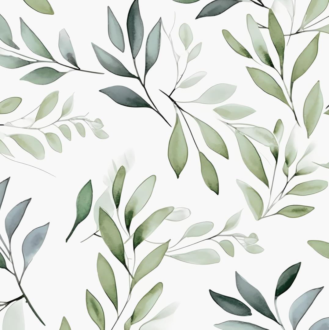 Green Peel and Stick Wallpaper,17.5"x 118"Sage Olive Leaf Contact Paper,Modern Botanical Greenery Wall Paper For Bathroom Bedroom Cabinet Vinyl Waterproof Removable Farmhouse Dorm Renter Friendly