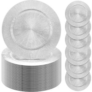 Tanlade 100 Pcs Charger Plates Bulk, 13 Inch Plastic Round Charger Dinner Plates Elegant Wedding Serving Plate for Event Tabletop Wedding Party Bridal Baby Shower Decor (Silver)