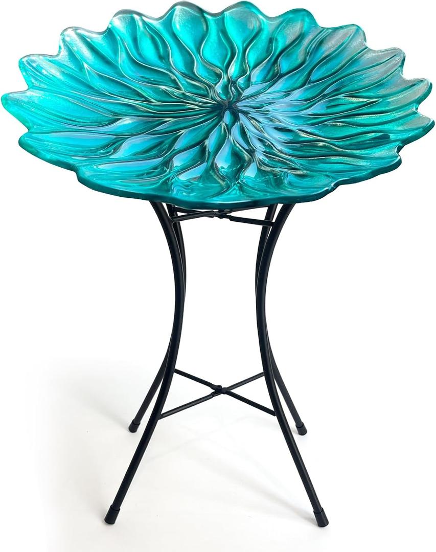 HONGLAND Bird Bath for Outside,15" Diameter Large Glass Birdbaths for Outdoors,Detachable Bird Baths Bowl with Metal Stand for Garden Patio Lawn Decor,19" Height - Green