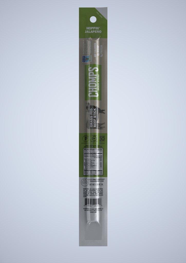 Chomps Grass Fed Jalapeno Beef Jerky Snack Sticks, Keto & Paleo, Whole30 Approved, Non-GMO, Gluten Free, Sugar Free, Nitrate Free, Low Carb, 90 Calorie Snacks, 1.15 Oz Meat Stick, Pack of 24